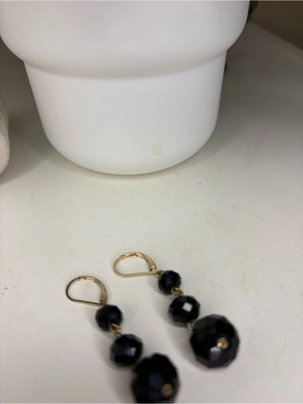 Vintage Black Faceted Bead Drop Earrings Gold Tone Leverback Triple Tier